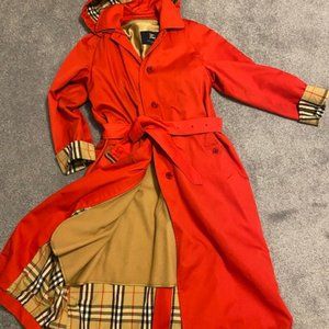 Burberry Women's long, red, hooded, lined raincoat